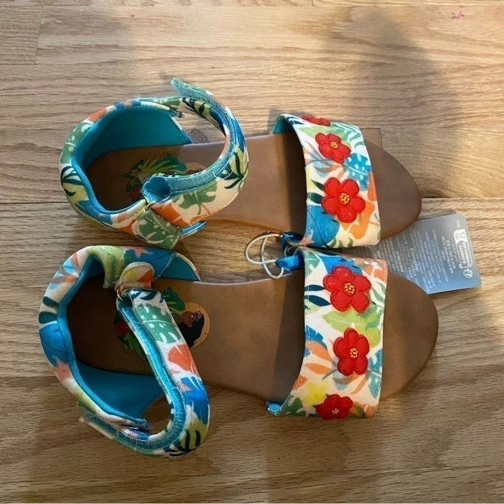 Disney Moana Sandals NEW Sz 2 Princess Floral Red Blue Open Toe Kids Girls